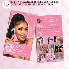 a pink brochure with pictures of women on it and texting that reads diy instagram business cards