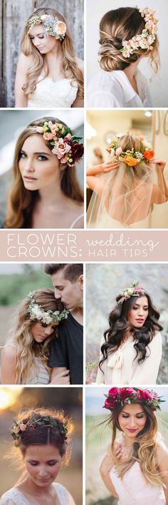 a collage of photos with flowers in their hair and the words flower crown on it