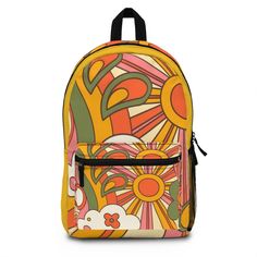 Retro 70's Groovy Back To School Backpack Vintage Rectangular Backpack For Back To School, Retro Back To School Bag With Adjustable Strap, Retro Bags With Adjustable Strap For Back To School, Vintage Backpack For Back To School, Vintage Standard Backpack For Back To School, Retro Backpack With Adjustable Strap For Everyday, Retro Travel Backpack With Adjustable Strap, Retro Backpack Bags For Back To School, Retro Everyday Standard Backpack