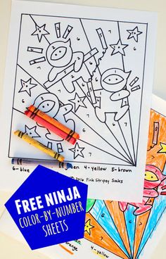 three coloring sheets with crayons and pencils on them, one is for free ninja color - by - number sheets