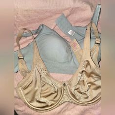 *Nude Bra Is Size 36c, Is Wired And Unlined, 2 Hook Closure. *Light Blue Bra Is Size L, Wire-Free, 3 Hook Closure. *Silver 'B' Accent On Both Items. No Signs Of Wear Or Damage, Like New Condition. Fitted Beige Bra For Loungewear, Light Blue Bra, Blue Bra, Nude Bra, Blue Cream, Bra Sizes, Women's Intimates, Light Blue, Like New