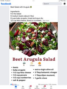 the facebook page for beet arugula salad is shown with an advertise