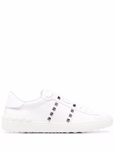 white calf leather round toe front lace-up fastening tonal stitching logo-embossed tongue branded insole padded ankle ridged rubber sole silver-tone Rockstud embellishment Valentino Garavani Sneakers, Stitching Logo, Valentino Sneakers, Valentino Garavani Shoes, Valentino Rockstud, Sneakers Online, Sneakers White, Golden Goose Sneaker, Sneakers For Sale