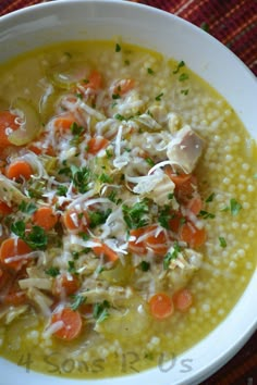 a bowl of soup with carrots, celery and parmesan cheese