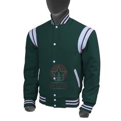 DETAILS OF JACKET The Shoulder Inserts Trendy Varsity This Style is Trimmed at the Shoulders and Pockets With White Genuine Leather Like Famous Teddy Bomber Jacket Color: FOREST GREEN (Body & Sleeve) & WHITE TRIM (GENUINE COWHIDE Leather Stripes on Shoulders) Forest Green / White Rib on Neck, Wrist & Bottom/Hem Two External Side Pockets Exterior Body & Sleeve: Premium Quality Wool (rarely pill as compare to other woolen jackets available on the market Interior: Polyester Quilted Cheap Green Varsity Outerwear, Luxury Green Varsity Jacket, Affordable Green Varsity Jacket With Long Sleeves, Cheap Green Varsity Jacket For College, Cheap Green Sporty Varsity Jacket, Luxury Green Sporty Varsity Jacket, Luxury Green Varsity Jacket For College, Luxury Casual Green Varsity Jacket, Market Interior