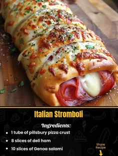 the italian stromboli bread is ready to be cut into pieces and served