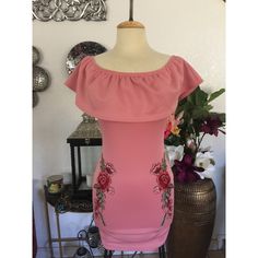 New Without Tags! Beautiful Pink Dress With Embroidered Flower Design Size Small Pink Flower Dress, Jasmine Dress, Flower Dresses, Embroidered Flowers, Pink Dress, Off Shoulder Dress, Flower Designs, Pink Flowers, Womens Dresses