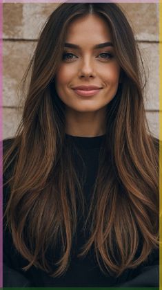 Long Straight Dark Hair With Highlights, Long Layered Haircuts Square Face, Hair Shape For Round Face, Long Hair Shaping Around Face, Haircut Idea For Straight Hair, Long Brown Haircut Straight, Brunette Bob Straight Hair, Brown Hair For Round Face, Long Hair For Square Face