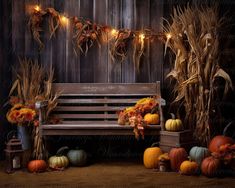 an old wooden bench surrounded by pumpkins and corn stalks with lights strung from them