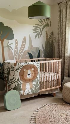 a baby's room with a lion themed crib