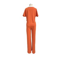 V Neck T Shirt Straight Pants Two Piece Set Casual Relaxed Fit Pant Set For Work, Solid Color T-shirt For Loungewear, Casual Stretch Pant Set, Casual Orange Sets With Relaxed Fit, Casual Orange Sets Relaxed Fit, Casual Orange Workwear Sets, Pants Short, Summer Sports, Straight Pants