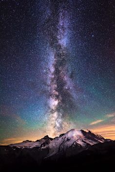 the night sky is filled with stars above mountains