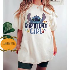 Casual Character Print Top For Birthday, Casual Cartoon Print Tops For Birthday, Casual Tops With Cartoon Print For Birthday, Casual Tops With Cartoon Print For Birthdays, Disney Cotton T-shirt For Birthdays, Disney Crew Neck Top For Birthday, Disney Short Sleeve Top For Birthday, Birthday Stitch, Stitch Party