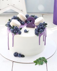 a white cake topped with blueberries and ice cream