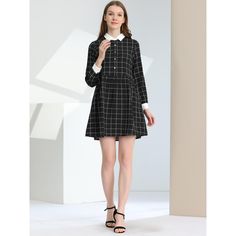 Add this classic plaid piece to your wardrobe. It will never be out of fashion. The cute and chic design of the dress will create a charming look. The style of contrast collar and cuffs give this lovely plaid dress a playfully charming look. This plaid dress can be paired with ankle boots for a spring ensemble. Very friendly to plump girls. Please check your measurements to make sure the item fits before ordering. Long Sleeve Black Plaid Dress For Work, Black Long Sleeve Plaid Dress For Work, Preppy Plaid Dress For Fall, Collared Plaid Dress For Work, Plaid Collared Dress For Work, Plaid Dress With Button Closure For Work, Plaid Office Dress, Plaid Shirt Dress With Buttons For Work, Spring Collared Plaid Dress