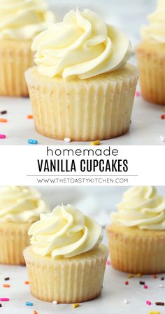 vanilla cupcakes with white frosting and sprinkles