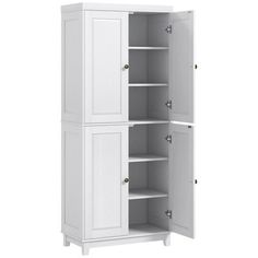 a white cabinet with two doors and shelves