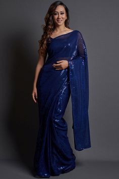 Buy Georgette Sequin Saree in Royal Blue Online Blue Sequin Saree, Royal Blue Saree, Embroidery Work Saree, Sequence Saree, Sarees For Girls, Sequin Saree, Bridesmaid Saree, Indian Designer Sarees, Elegant Embroidery