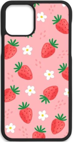 a pink phone case with strawberries and daisies on the front, along with white flowers