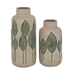 two vases with leaves painted on them