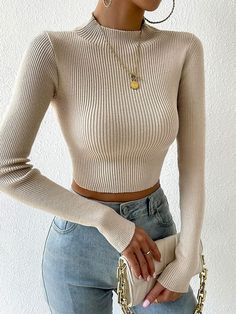 Top Long Sleeve Slim Fit Pullover $28.99 Casual Form Fitting Outfits, Stretch Knit Cropped Sweater, Clothing Styles Types Of Women, Ribbed Clothes, Trendy Casual Outfits For Women, Elegant Everyday Outfits, Womens Clothes 2023, Knitted Women Outfits, Simple Everyday Outfits