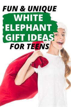 a woman holding a red bag with the words fun and unique white elephant gift ideas for teens