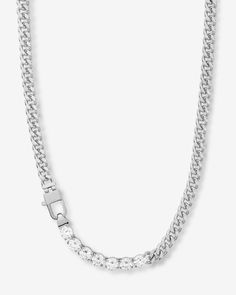 Julian Loves Diamonds Necklace 16" - Silver|White Diamondettes White Cubic Zirconia Chain Necklace, Silver Cuban Link Chain Tennis Necklace, White Cuban Link Necklace With Vvs Clarity, White Diamond Chain Necklace With Diamond Accents, White Diamond Chain Necklace With Accents, Cubic Zirconia Chain Necklace For Anniversary, Classic Diamond Tennis Necklace With Chain, Cubic Zirconia Chain Necklace With Brilliant Cut For Anniversary, White Gold Crystal Necklace With Chain