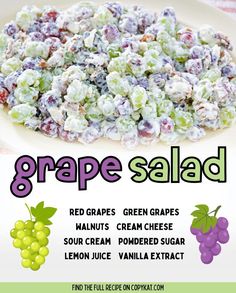 grapes salad on a white plate with the words grape salad in purple and green lettering