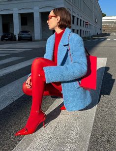 Socks With Shoes Outfit, Powder Blue And Red Outfit, Blue Tights Aesthetic, Spring Color Analysis Wardrobe, Cold Weather Christmas Outfits, Red Winter Outfits Aesthetic, Maximalistic Outfit, Blue Pantyhose Outfit, Medias Azules Outfit