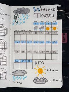 Bulett Journal Page Ideas 2024, Journal Ideas Calendar, Planer Ideas Diy, Weather Tracker Bullet Journal, Weather Tracker