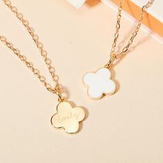 Colorful and pretty, our Personalized Enamel Clover Cross Necklace is a little token of luck to elevate any jewelry collection. This beautiful clover necklace is available in three eye-catching enamel colors. Each cross necklace be made into a lovely personalized gift by hand-engraving a special name onto the reverse of your charm.&nbsp;18K Champagne Gold Plated or 925 Sterling SilverCharm: 0.55x0.55&nbsp;Secure clasp fasteningCharms are removable from this chain and can be worn on all M Crystal Dice, Birth Gift, Clover Necklace, Grandmother Gifts, Crystal Stars, Engraved Necklace, Champagne Gold, Jewellery Collection, Gifts For New Moms