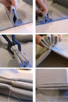 four pictures showing how to sew a pillow with scissors and thread on the edges