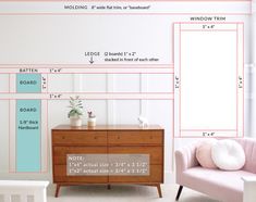 a room with furniture and measurements on the wall