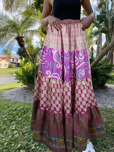 Womens Light Purple Floral Beach Maxi Skirt Patchwork Boho Skirts S/M