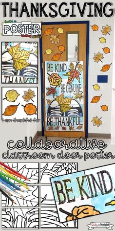 the thanksgiving poster is displayed in front of a door with fall leaves and words on it