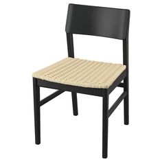 a black chair with woven seat padding on the back and side, against a white background