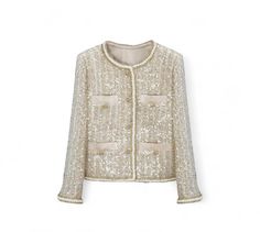 Elevate your wardrobe with our exquisite Handmade Tweed Boucle Champagne Sequin Jacket, designed for those who appreciate both elegance and unique craftsmanship. This stunning jacket features a luxurious blend of soft boucle fabric in a sophisticated champagne hue, beautifully adorned with shimmering sequins that catch the light with every movement. The striking white trim adds a fresh contrast, enhancing the jacket's tailored silhouette and adding a touch of modern flair. Perfect for both casua Elegant Long Sleeve Tweed Outerwear, Elegant Tweed Jacket For Party, Elegant Party Tweed Jacket, Chic Evening Tweed Jacket With Long Sleeves, Elegant Winter Tweed Jacket, Elegant Spring Evening Tweed Jacket, Luxury Long-sleeved Tweed Jacket For Evening, Luxury Tweed Jacket For Fall Parties, Long Sleeve Tweed Outerwear For Evening