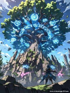 an anime character standing in front of a large tree with glowing lights on it's branches