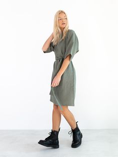 "ISABEL is a linen kimono sleeve dress. DETAILS - Dolman style sleeves - Above the knee length - Self tie belt - 100% lightweight European linen fabric - Cut and sewn to order just for you in our studio COLOR - Sage green, you can also choose other colors above - Fabric samples are available here https://www.etsy.com/listing/586569696/linen-fabric-samples SIZING & FIT - Relaxed fit - Length is approximately 38.5 inches / 98 cm - Bust is approximately 21 inches / 53 cm - Hips are approximatel Fitted Belted Linen Dress, Spring Linen Dress With Belted Cuffs, Linen Belted Dress For Daywear, Spring Linen Belted Dress, Spring Linen Dresses With Rolled Sleeves, Knee-length Linen Dress With Tie Waist, Casual Short Sleeve Dress With Belted Cuffs, Spring Linen Dress With Tie Waist For Work, Casual Linen Dress With Tie Waist For Work