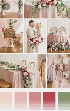 a collage of photos with flowers and greenery on the table, including roses