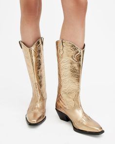 Gold Leather Boots With Reinforced Heel, Gold Leather Boots With Almond Toe, Gold Almond Toe Leather Boots, Gold Boots With Reinforced Heel And Round Toe, Gold Boots With Round Toe And Medium Width, Chic Gold Leather Boots, Western Style Flat Heel Party Boots, Western Style Party Boots With Flat Heel, Chic Gold Snip Toe Boots