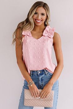 Ruffle Strap Top, Dot Texture, Ruffle Tank Top, Cozy Style, Cute Tank Tops, V Neck Tank Top, Chic Pink, Summer Style Casual, Pink Tank