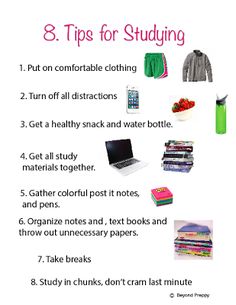 a white poster with the words, 8 tips for studying and other things to do