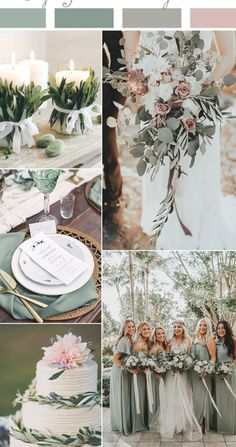 a collage of photos with flowers and greenery on them, including two wedding cakes