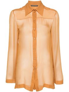 caramel brown silk chiffon semi-sheer construction pointed flat collar long sleeves high-low hem side slits front button fastening Pointed Flat Collar, Flat Collar, Caramel Brown, Brown Silk, Alberta Ferretti, High Low Hem, Silk Chiffon, Silk Shirt, High & Low