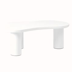 a white table with two legs and a curved design on the top, against a white background