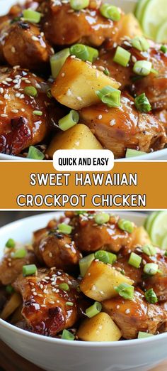 two pictures of sweet and easy hawaiian crockpot chicken