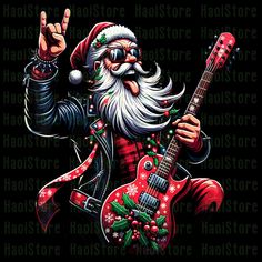 an image of santa claus playing guitar with peace sign on his hand and wearing glasses