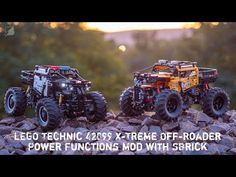 two toy monster trucks sitting on top of rocks with the words lego tech xtreme off - roader power functions mod with derrick