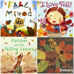 four children's books about autumn and fall, with the words love fall up